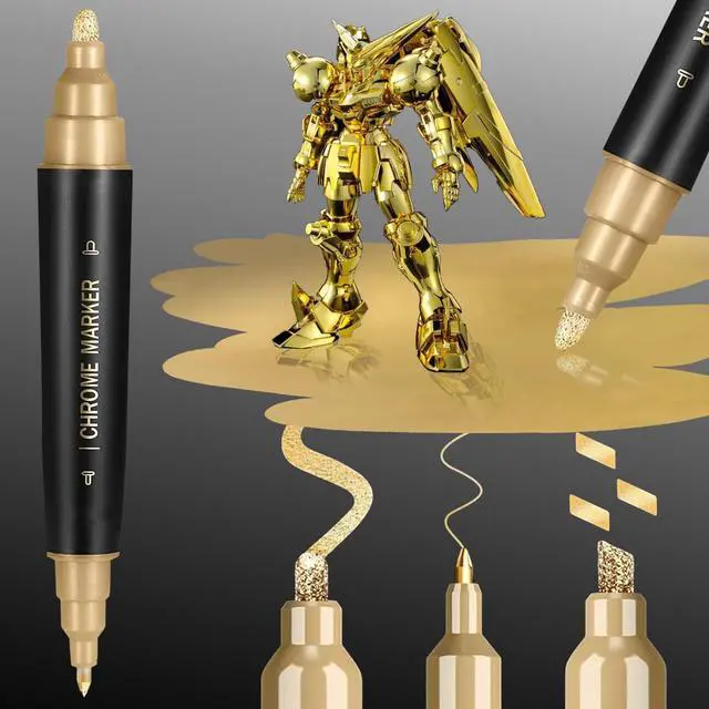 Main image of 1PK Dual Tip Liquid Gold Chrome Paint Marker, Mirror Gold Pen | 1mm & 2-5mm Reversible Tips Permanent Metallic High Gloss Marker for Metal, Plastic, Fabric, Model, Touch-Up & Repair Kit