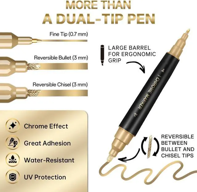 Alt view image 2 of 6 - 1PK Dual Tip Liquid Gold Chrome Paint Marker, Mirror Gold Pen | 1mm & 2-5mm Reversible Tips Permanent Metallic High Gloss Marker for Metal, Plastic, Fabric, Model, Touch-Up & Repair Kit