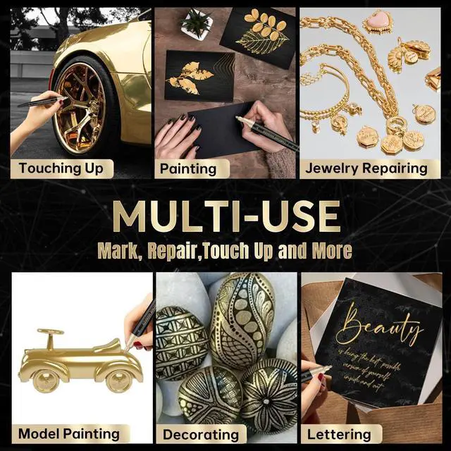 Alt view image 5 of 6 - 1PK Dual Tip Liquid Gold Chrome Paint Marker, Mirror Gold Pen | 1mm & 2-5mm Reversible Tips Permanent Metallic High Gloss Marker for Metal, Plastic, Fabric, Model, Touch-Up & Repair Kit