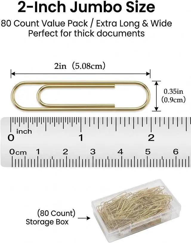 Alt view image 2 of 7 - 80 Count Gold Paper Clips, 2 Inch Large Smooth Metal Office Clips | Rust-resistant gold metal clips with a smooth, snag-free finish. Ideal for office document organizing, wedding crafts & DIY