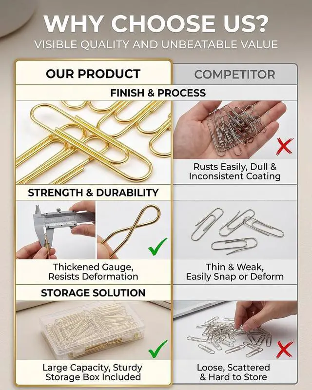 Alt view image 7 of 7 - 80 Count Gold Paper Clips, 2 Inch Large Smooth Metal Office Clips | Rust-resistant gold metal clips with a smooth, snag-free finish. Ideal for office document organizing, wedding crafts & DIY