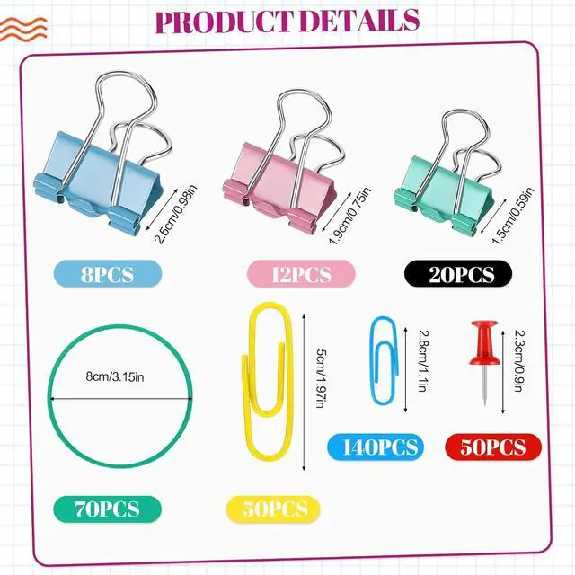 Alt view image 2 of 7 - 350 Pcs Colored Paper Clips with Binderclips Rubber Bands Push Pins | Assorted Sizes, In A Divided Round Storage Box, For Bulletin Boards Office, School And Home