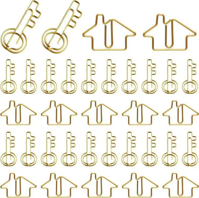 Main image of Gueevin 102 Pack House and Key Shaped Paper Clips with 2 Boxes,Gold | 50 House Shaped Paper Clips, 50 Key Style in Clear Cases, For Realty Professionals, Office Organizing, Cute Desk Accessories