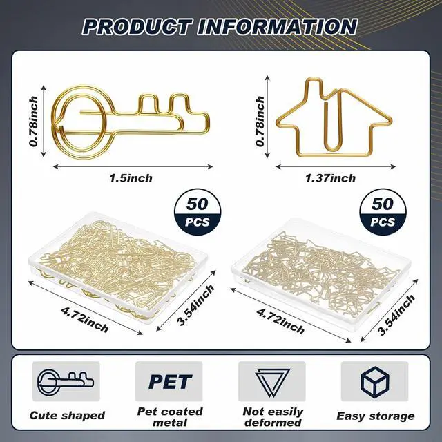 Alt view image 2 of 6 - Gueevin 102 Pack House and Key Shaped Paper Clips with 2 Boxes,Gold | 50 House Shaped Paper Clips, 50 Key Style in Clear Cases, For Realty Professionals, Office Organizing, Cute Desk Accessories
