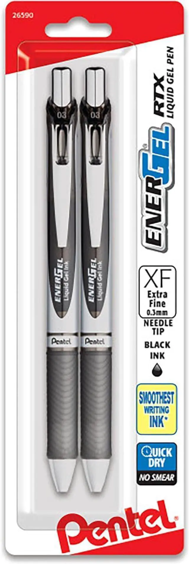 Main image of Pentel EnerGel RTX Retractable Liquid Gel Pen, (0.3mm) Needle Tip, Extra Fine Line, Black Ink, 2 Pack