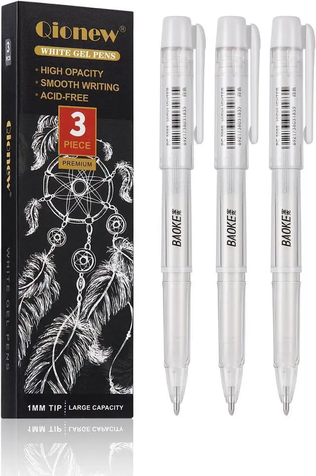 Main image of Qionew White Gel Pen Set, 1mm Gel Ink Pens Opaque White Archival Ink Pens for Black Paper Drawing, Sketching, Illustration, Card Making, Bullet Journaling