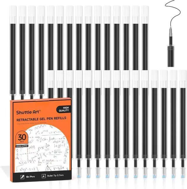 Main image of Retractable Gel Pen Refills, Shuttle Art 30 Pack Black Rollerball Gel Ink Pens Refills, Bulk Set, 0.7mm Fine Point for Writing Journaling Taking Notes School Office Home