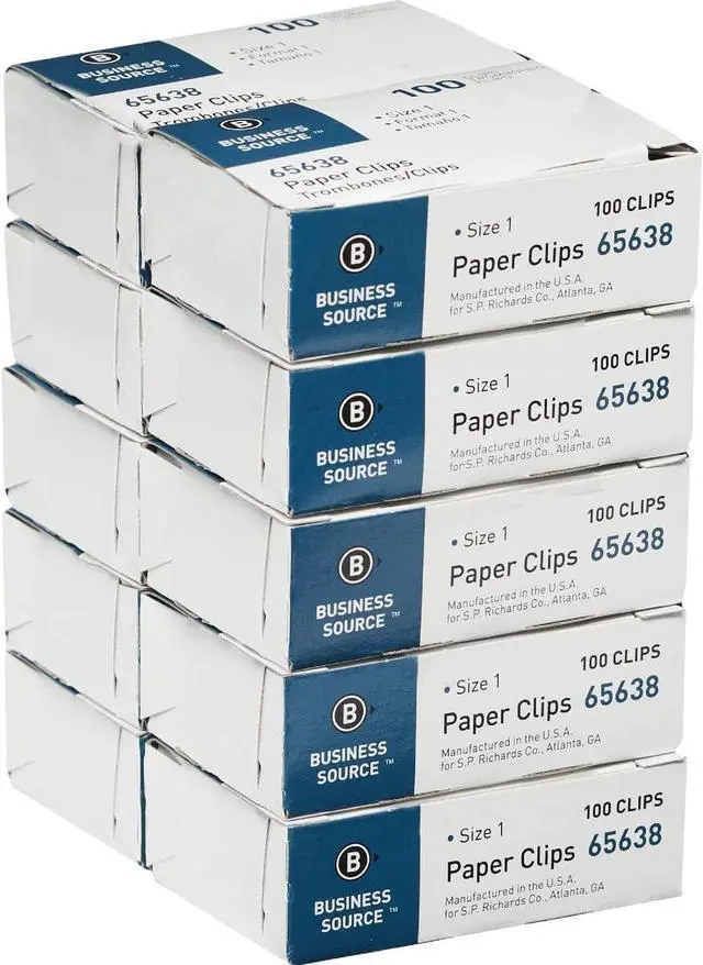 Main image of Business Source Paper Clips, Size 1, Regular, .033 Wire Gauge, 100/Box, 10 Boxes Total