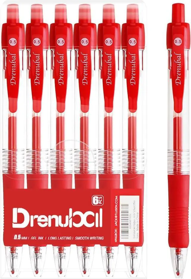 Main image of 6 Pack Red Pens - 0.5mm Gel Ink Pens, Quick-Drying, Comfort Grip Writing for School, Office, Exams - Gift Set for Students, Fine Point Ballpoint Pens