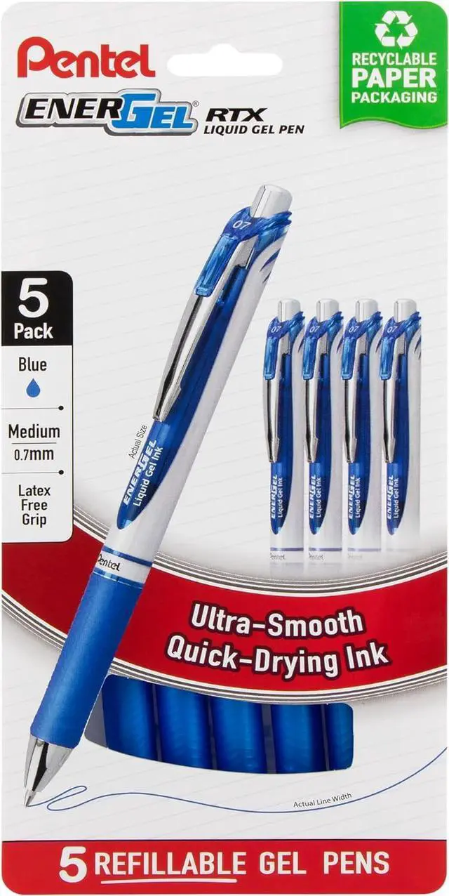 Main image of Pentel EnerGel RTX Retractable Liquid Gel Pen, (0.7mm) Metal Tip, Medium Line, Blue Ink, Plastic-Free Packaging, 5 Pack
