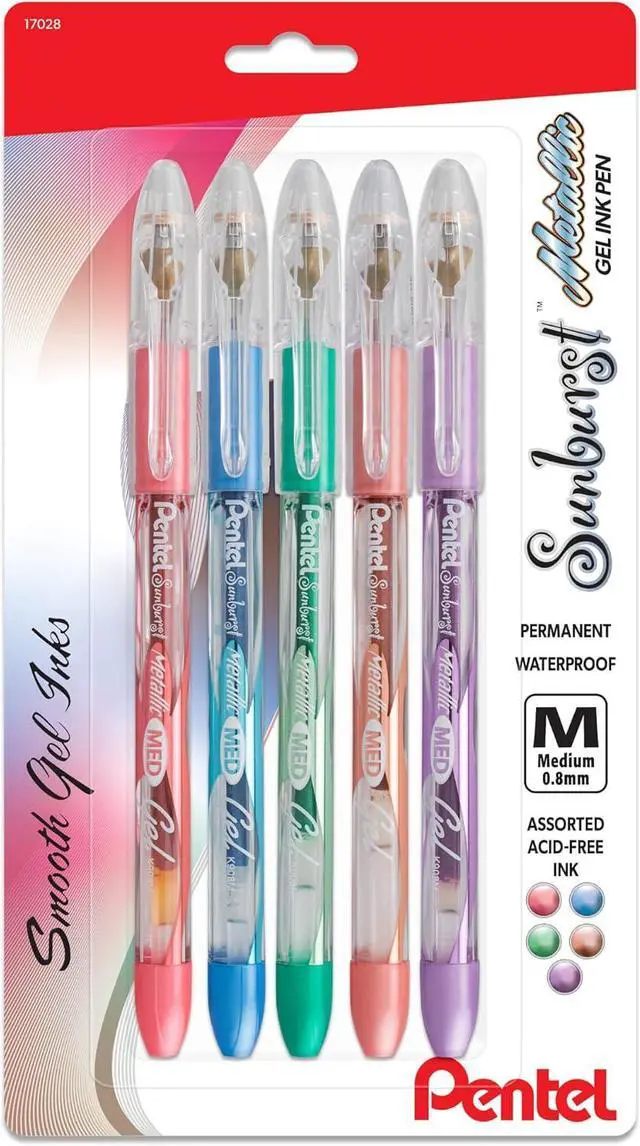 Main image of Pentel Sunburst Metallic Gel Pen, Medium Line, Permanent, Assorted Ink, 5 Pack (K908MBP5M1)