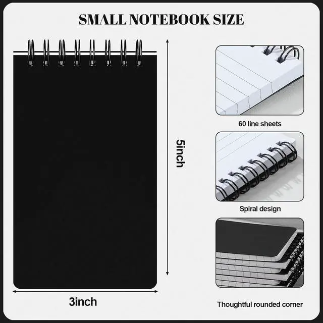 Alt view image 3 of 7 - Thboxes 8 Pack Pocket Notebooks, 3 X 5 Spiral Notepads, Black | 60 Sheets/120 Pages Each, Lined 80gsm Paper, Double-Wire Binding, Pocket Size for School, Office, Travel
