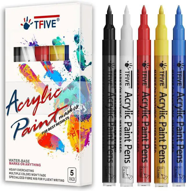 Main image of TFIVE Acrylic Paint Markers 5 Colors, Permanent Paint Pens Extra Fine Tip | Waterproof, Quick Dry, Fade Resistant, 0.7mm Water Based Marker Pen for Rock, Wood, Plastic, Metal, Glass, Rubber
