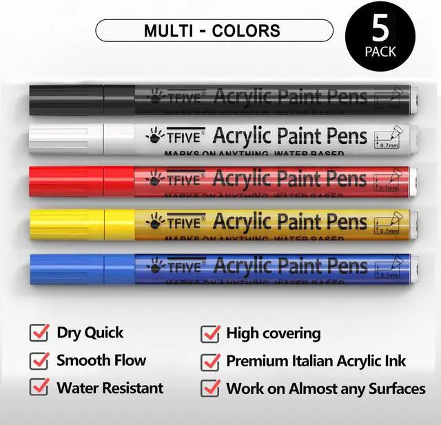 Alt view image 2 of 7 - TFIVE Acrylic Paint Markers 5 Colors, Permanent Paint Pens Extra Fine Tip | Waterproof, Quick Dry, Fade Resistant, 0.7mm Water Based Marker Pen for Rock, Wood, Plastic, Metal, Glass, Rubber