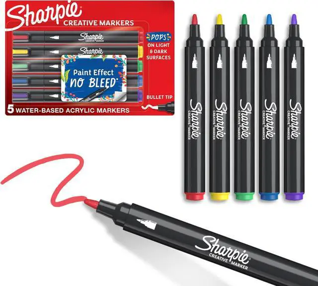 Main image of Sharpie Creative Markers, Water-Based Acrylic, Bullet Tip, Assorted Colors, 5 Count Arts & Crafts, Kids Activity, School Classroom; Works on Paper, Metal, Wood, Ceramic, Glass, Rock, Canvas