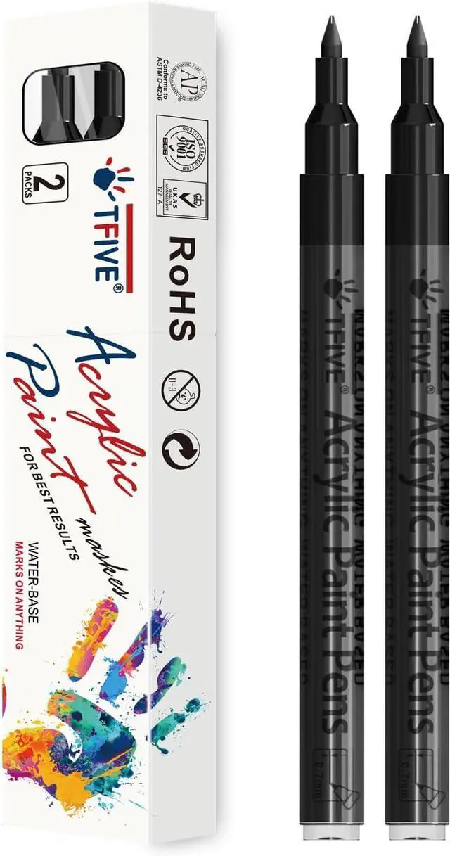 Main image of TFIVE Acrylic Paint Markers Pens, 2 Black 0.7mm Extra Fine Tip | Permanent, Waterproof, Quick Dry, Water Based Marker Pen for Rock, Ceramic, Glass, Wood, Plastic, Metal, Canvas