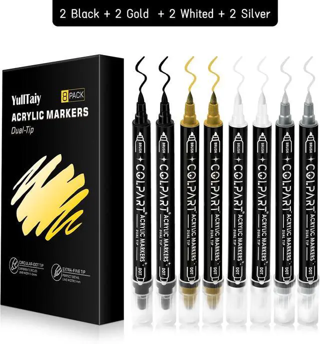 Alt view image 7 of 7 - Dual Tip Acrylic Paint Pens Markers, 8 Pack Black White Silver Gold Paint Pens for Wood, Canvas, Stone, Rock Painting, Glass, Ceramic Surfaces, DIY Art Supplies (4 color)