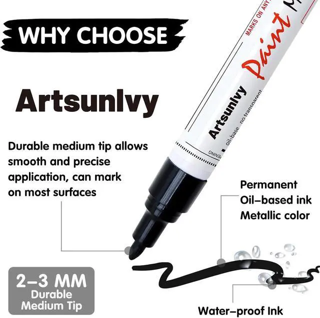 Alt view image 3 of 7 - Artsunlvy Permanent Paint Pens Paint Markers - 2 Pack Black & White Oil Based Quick Dry Waterproof Markers For Tire, Rubber,Wood, Rocks, Metal, Canvas