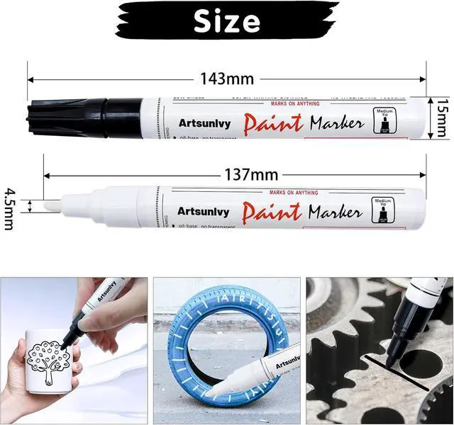 Alt view image 4 of 7 - Artsunlvy Permanent Paint Pens Paint Markers - 2 Pack Black & White Oil Based Quick Dry Waterproof Markers For Tire, Rubber,Wood, Rocks, Metal, Canvas
