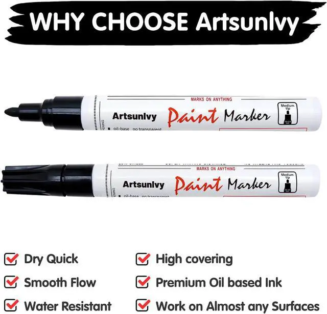 Alt view image 6 of 7 - Artsunlvy Permanent Paint Pens Paint Markers - 2 Pack Black & White Oil Based Quick Dry Waterproof Markers For Tire, Rubber,Wood, Rocks, Metal, Canvas