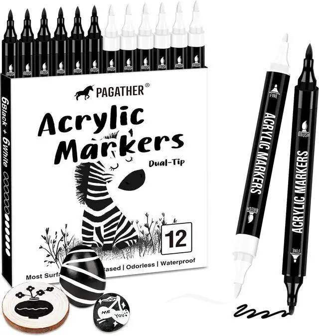Main image of Pagather Black and White Acrylic Paint Markers, 12 Dual Tip with Fine Tip and Brush Tip Pens for Fabric, Stone, Wood, Canvas, Ceramic, Metal, Glass, Rock Painting, DIY Crafts