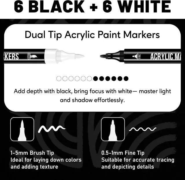 Alt view image 2 of 7 - Pagather Black and White Acrylic Paint Markers, 12 Dual Tip with Fine Tip and Brush Tip Pens for Fabric, Stone, Wood, Canvas, Ceramic, Metal, Glass, Rock Painting, DIY Crafts