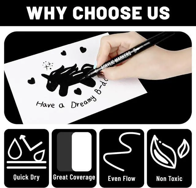 Alt view image 3 of 7 - Pagather Black and White Acrylic Paint Markers, 12 Dual Tip with Fine Tip and Brush Tip Pens for Fabric, Stone, Wood, Canvas, Ceramic, Metal, Glass, Rock Painting, DIY Crafts