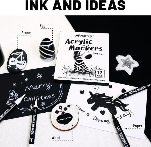 Alt view image 6 of 7 - Pagather Black and White Acrylic Paint Markers, 12 Dual Tip with Fine Tip and Brush Tip Pens for Fabric, Stone, Wood, Canvas, Ceramic, Metal, Glass, Rock Painting, DIY Crafts