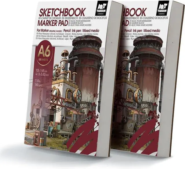 Main image of TRANSON 2 Pack A6 Mini Sketchbook Marker Pad, 110lb/160gsm Heavyweight Art Paper, No Bleed Through, 100 Sheets/200 Pages 4.13"x5.83" for Drawing & Sketching