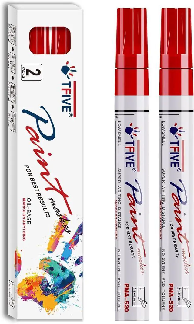 Main image of TFIVE Red Permanent Markers Paint Pens, 2 Pack Oil Based Paint Markers | Waterproof, Quick Dry, Never Fade, Medium Tip Marker Pens for Rock Painting, Wood, Metal, Plastic, Canvas, Glass, Rubber