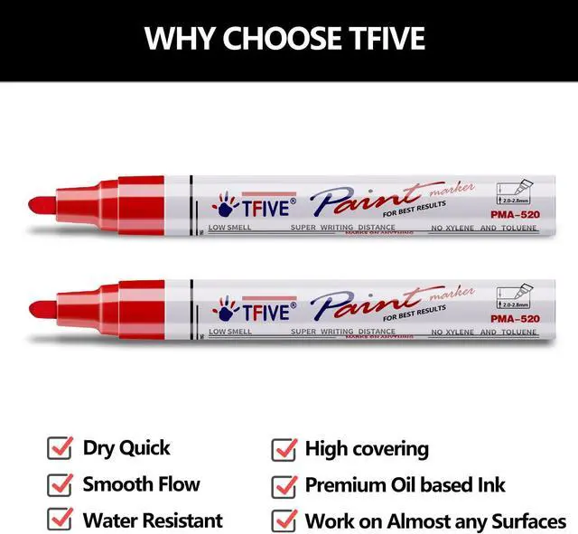 Alt view image 2 of 7 - TFIVE Red Permanent Markers Paint Pens, 2 Pack Oil Based Paint Markers | Waterproof, Quick Dry, Never Fade, Medium Tip Marker Pens for Rock Painting, Wood, Metal, Plastic, Canvas, Glass, Rubber
