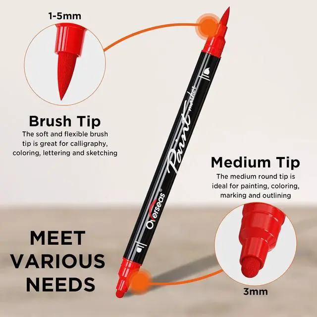 Alt view image 3 of 6 - Overseas 2 Black Acrylic Paint Markers, Dual Tip Paint Pens Acrylic Marker | Dot & Brush Tip, No Bleed, Waterproof, Great Coverage, Water Based Marker for Canvas, Rock, Wood, Plastic, Glass, Metal