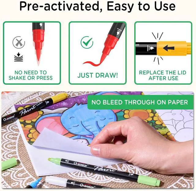 Alt view image 6 of 6 - Overseas 2 Black Acrylic Paint Markers, Dual Tip Paint Pens Acrylic Marker | Dot & Brush Tip, No Bleed, Waterproof, Great Coverage, Water Based Marker for Canvas, Rock, Wood, Plastic, Glass, Metal