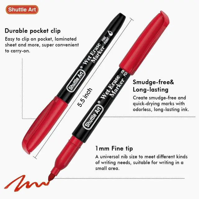 Alt view image 4 of 7 - Shuttle Art Wet Erase Markers 12 Colors 1mm Fine Tip Smudge-Free Markers | Perfect for Laminated Sheets, Whiteboards, Glass, Wipe Clean with Damp Cloth for Long-Lasting Markings Low-Odor Non-Toxic