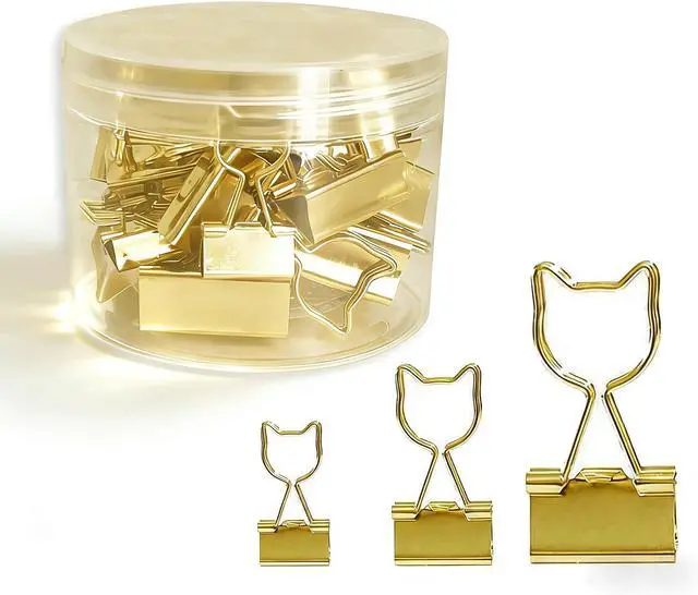 Main image of Gold Binder Clips Assorted Sizes 30pcs Small, Medium, Large 0.75inch /1inch /1.25inch Cute Binder Clips for Office Home School Decor Supplies Cat Lover Choice