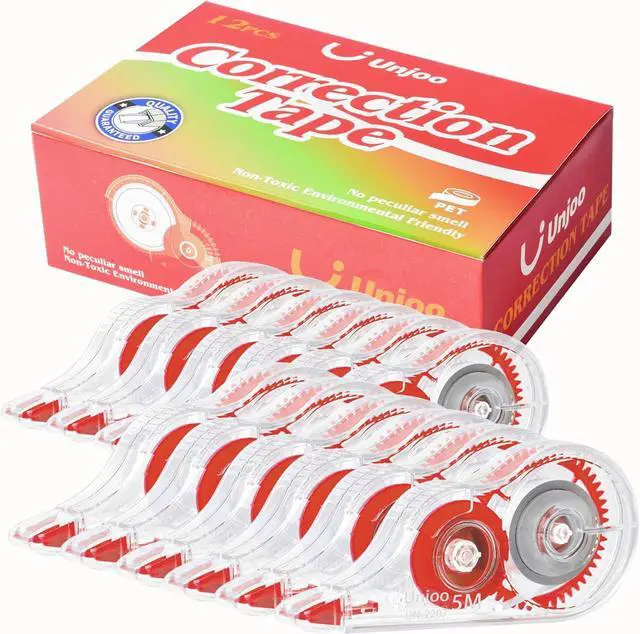 Main image of Unjoo White Correction Tape, For school, Office (12pack, 5M/196"x0.2", Red) | Easy To Use Applicator for Instant Corrections Wrong Writing At Any Time, Tear-Resistant Correction tape Bulk