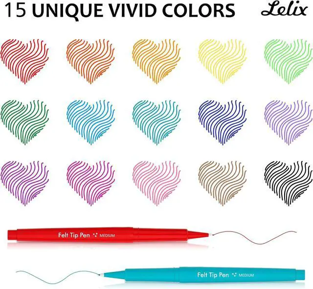 Alt view image 3 of 7 - Lelix Felt Tip Pens, 15 Colors, 0.7mm Medium Point, Felt Tip Markers Pens for Journaling, Writing, Note Taking, Planner, Perfect for Art Office and School Supplies