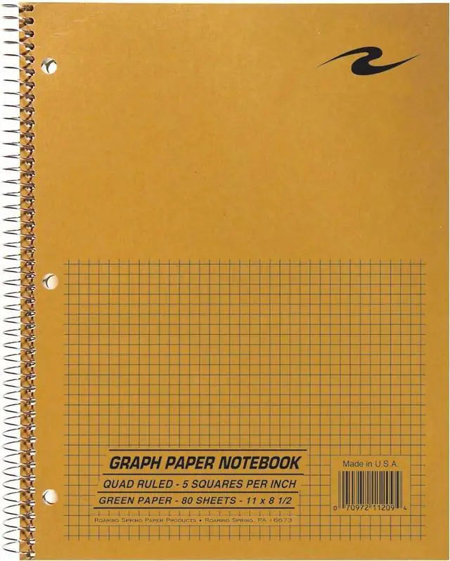 Main image of ROARING SPRING Graph Paper Notebook, Spiral Lab Notebook, Green Tinted Paper, 80 Sheets, 11" x 8.5", Quad Ruled 5x5 Grid, Made in USA, Ideal for Math, Engineering & Science