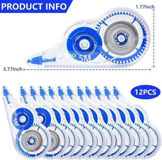 Alt view image 2 of 4 - Unjoo White Correction Tape, For school, Office, 12pack, 5M/196"x0.2",Blue | Easy To Use Applicator for Instant Corrections Wrong Writing At Any Time, Tear-Resistant Correction tape Bulk