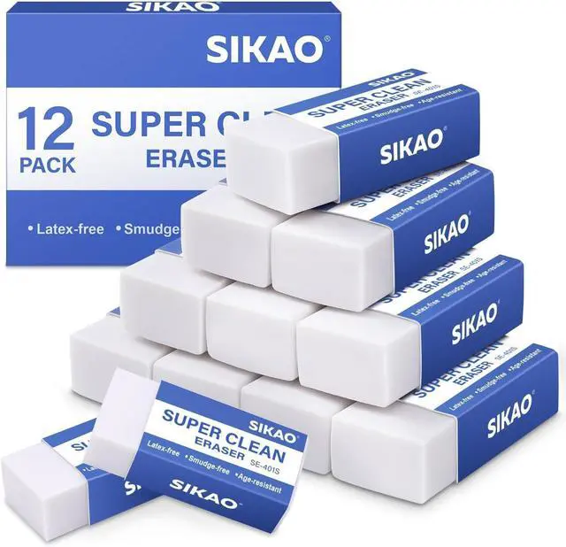 Main image of White Erasers, 12 Pack Block Pencil Erasers Super Clean Non-Melting | Soft Erasers for Drawing, Sketching & Art Supplies, Smudge-Free for Homework School & Office