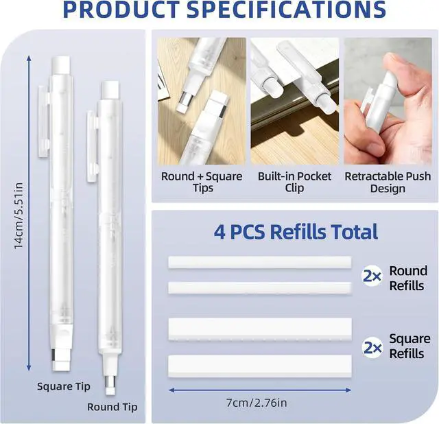 Alt view image 3 of 7 - WUO Pen Style Eraser Set, 2 Pack with 4 Refills, Round & Square Tips | White Retractable Precision Eraser Pens for Drawing, Sketching & Detail Correction, Smudge-Free TPE for School & Office