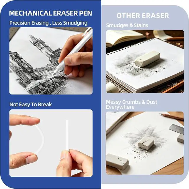 Alt view image 4 of 7 - WUO Pen Style Eraser Set, 2 Pack with 4 Refills, Round & Square Tips | White Retractable Precision Eraser Pens for Drawing, Sketching & Detail Correction, Smudge-Free TPE for School & Office