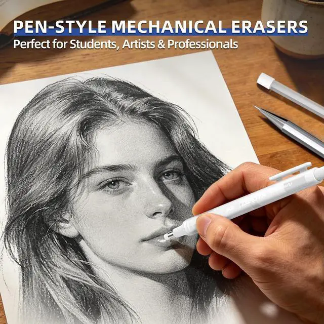 Alt view image 2 of 7 - WUO Pen Style Eraser Set, 2 Pack with 4 Refills, Round & Square Tips | White Retractable Precision Eraser Pens for Drawing, Sketching & Detail Correction, Smudge-Free TPE for School & Office