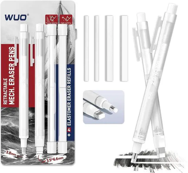 Main image of WUO Pen Style Eraser Set, 2 Pack with 4 Refills, Round & Square Tips | White Retractable Precision Eraser Pens for Drawing, Sketching & Detail Correction, Smudge-Free TPE for School & Office