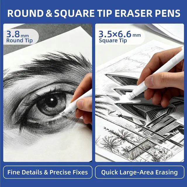 Alt view image 5 of 7 - WUO Pen Style Eraser Set, 2 Pack with 4 Refills, Round & Square Tips | White Retractable Precision Eraser Pens for Drawing, Sketching & Detail Correction, Smudge-Free TPE for School & Office
