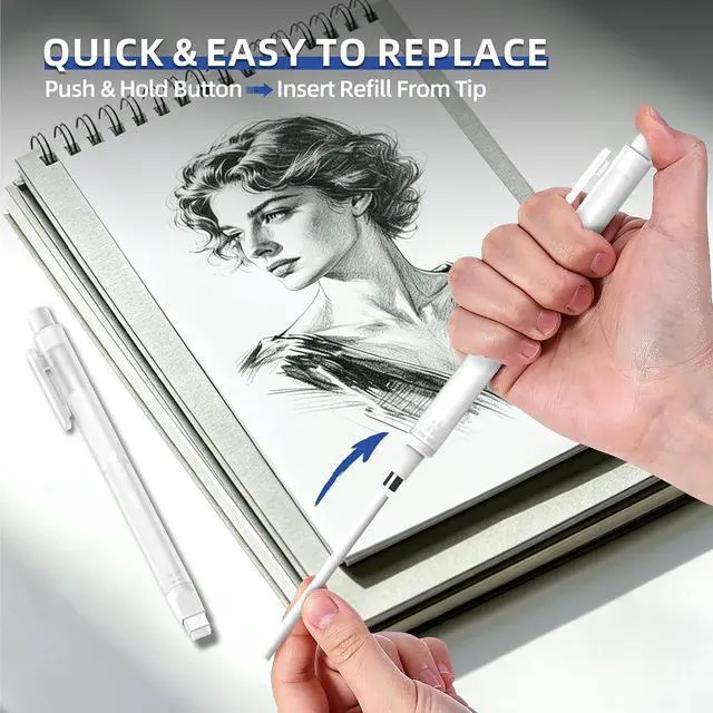 Alt view image 6 of 7 - WUO Pen Style Eraser Set, 2 Pack with 4 Refills, Round & Square Tips | White Retractable Precision Eraser Pens for Drawing, Sketching & Detail Correction, Smudge-Free TPE for School & Office