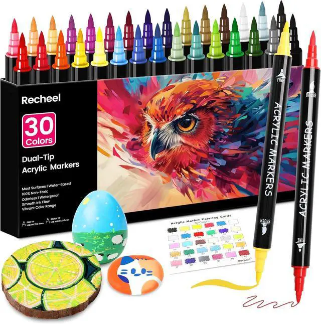 Main image of Recheel Acrylic Paint Markers, 30 Colors Dual Tip Fine & Brush Pens for Art | For Rock, Wood, Canvas, Glass, Ceramic & More, Perfect for Multi-Surface DIY Crafts and Creative Art Projects