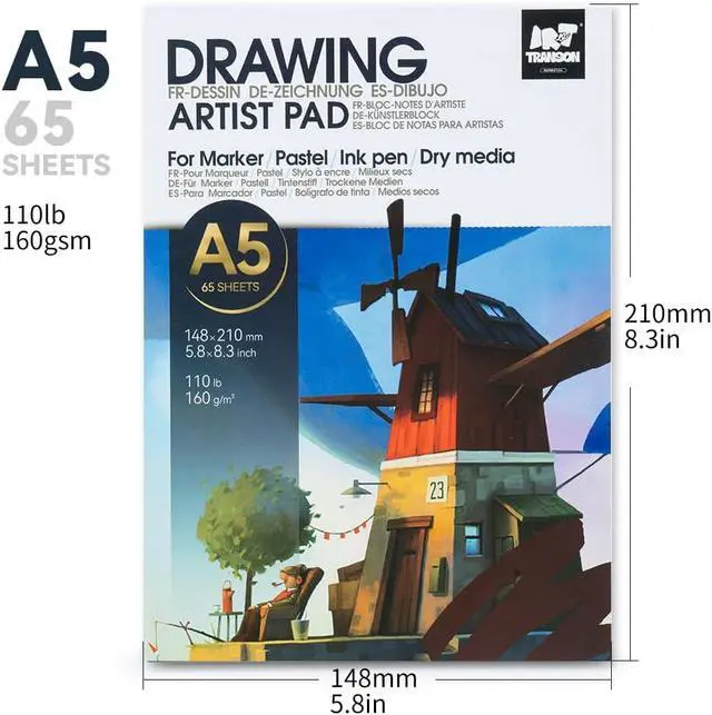Alt view image 4 of 7 - TRANSON A5 Small Sketchbook Marker Pad, 110lb/160gsm Heavyweight Art Paper, No Bleed Through, 65 Sheets/130 Pages 5.8"x8.3" for Drawing & Sketching