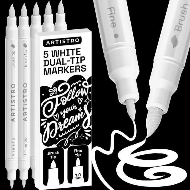 Main image of ARTISTRO 5 White Dual-Tip Acrylic Paint Marker Pens for Drawing | For Fabric, Rock, Glass, Wood, & Molds, Arts & Crafts Gift for Adults, Teens, & Kids, Classroom Must Haves & School Supplies