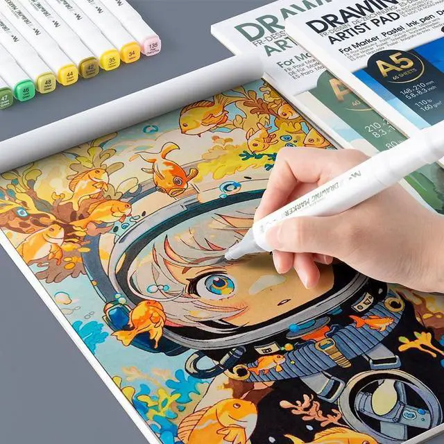 Alt view image 7 of 7 - TRANSON A5 Small Sketchbook Marker Pad, 110lb/160gsm Heavyweight Art Paper, No Bleed Through, 65 Sheets/130 Pages 5.8"x8.3" for Drawing & Sketching
